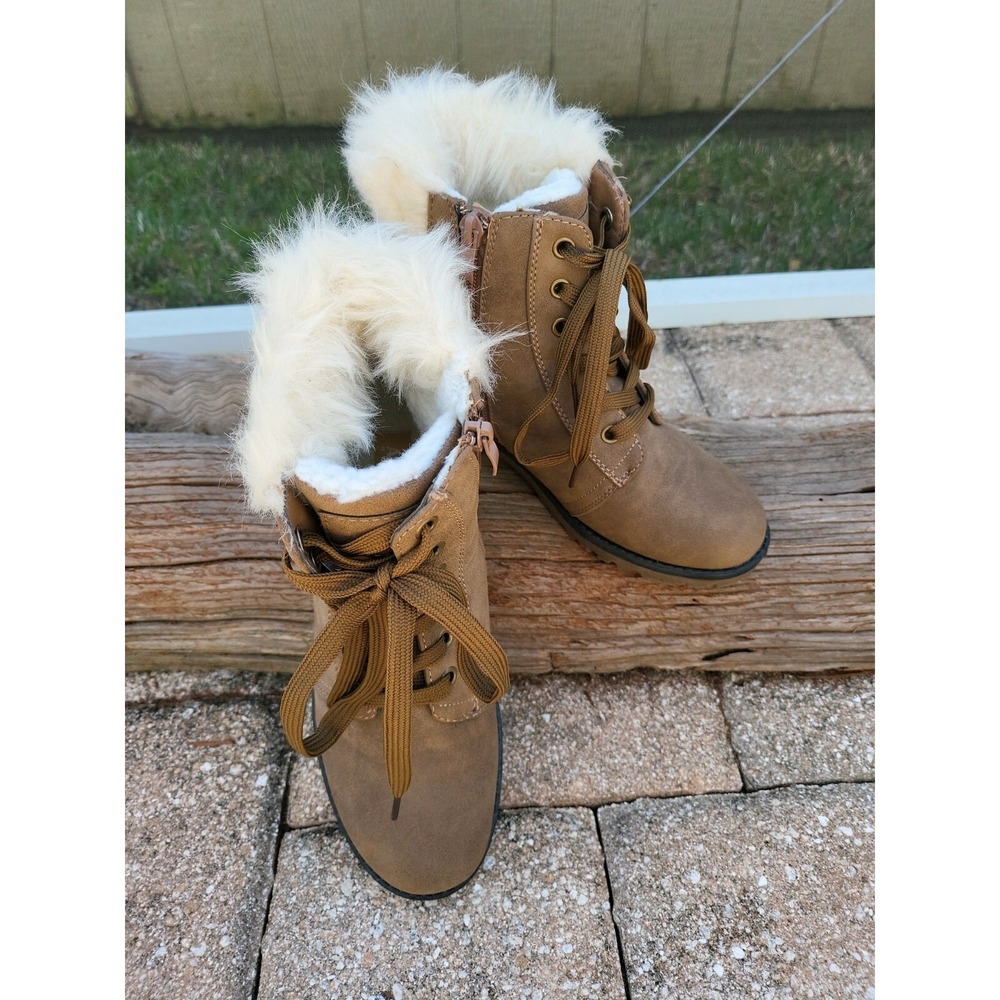 Apres Woman's Faux Fur Trim Brown Zip/Lace Up Winter Boots Sz 7